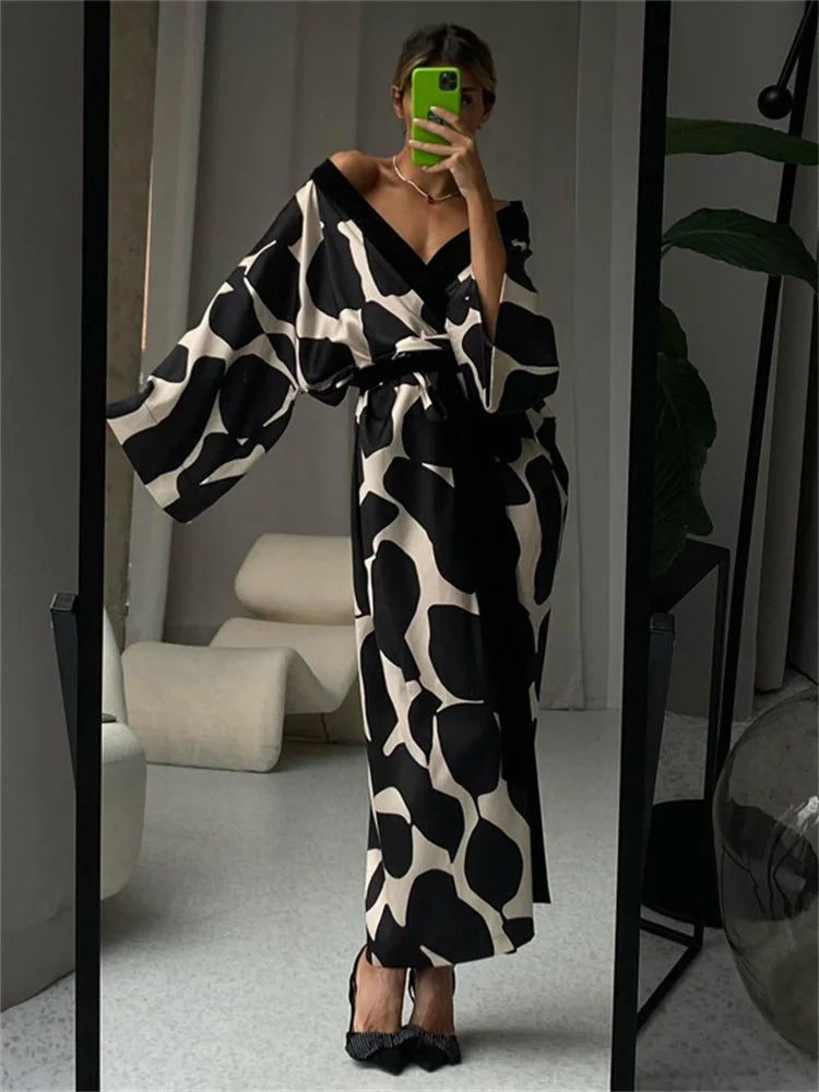 Contrast Loose Lace-up Long Dress Nightwear for V-neck Long Sleeve Autumn Clothes Female Bandage Maxi Dress
