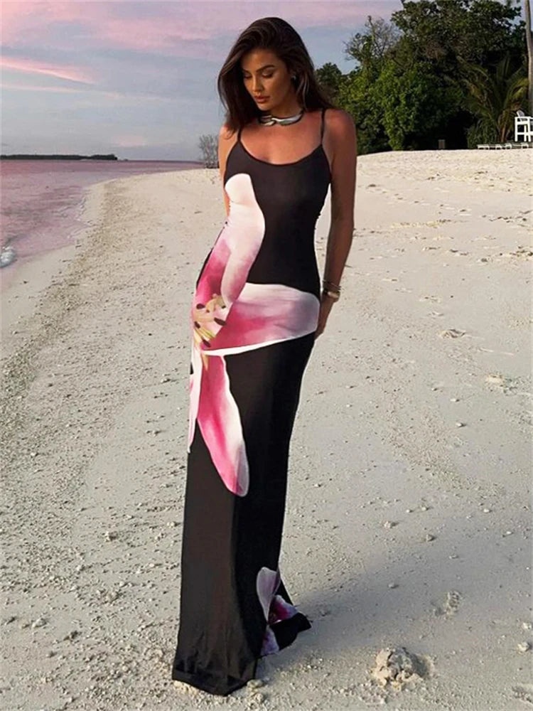 Contrast Spaghetti Slim Maxi Dress Female Printed Off-shoulder Holiday Beach Dress Patchwork Summer Party Dress