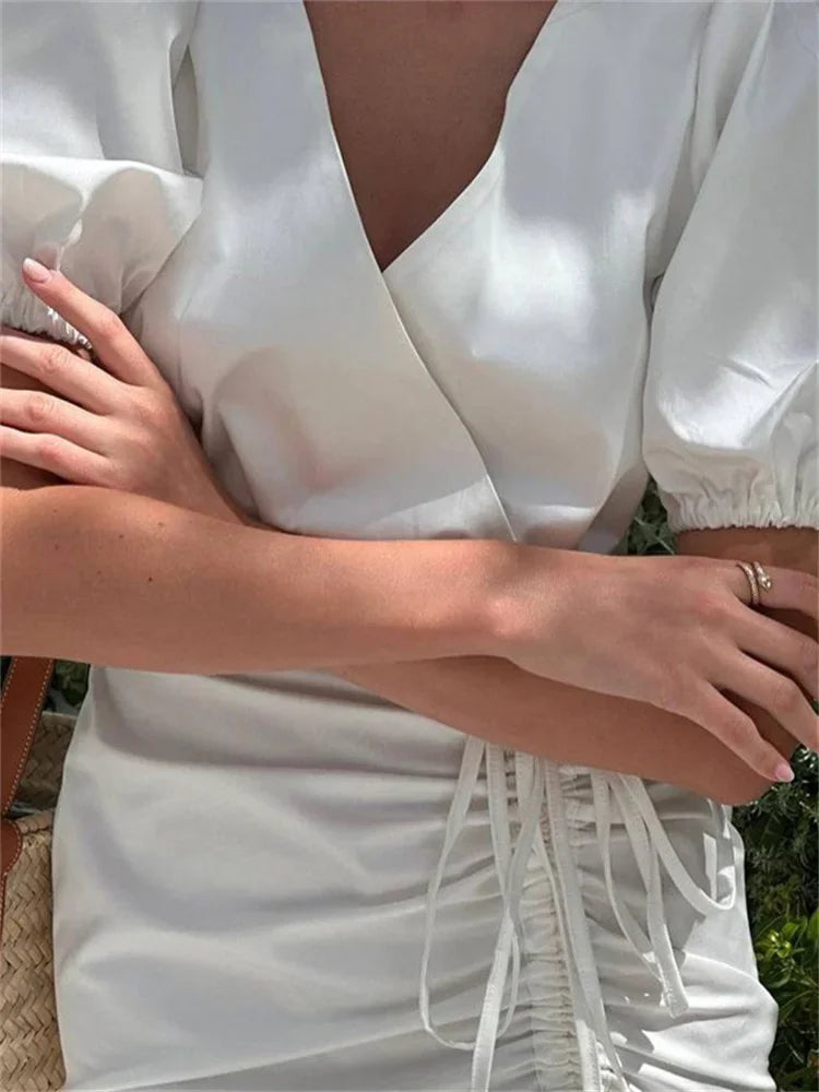 Drawstring V-neck Mini Dress Female Ruffled Short Sleeve Patchwork Lace-up White Dress ’s Bandage Party Dress