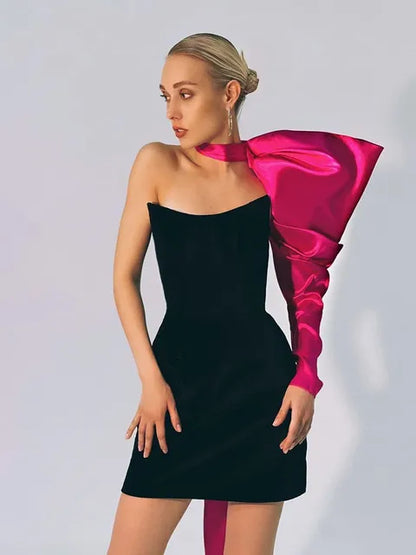Bandage One Shoulder Lantern Sleeve Mini Dress Party Patchwork Backless Night Bodycon Clubwear Dress