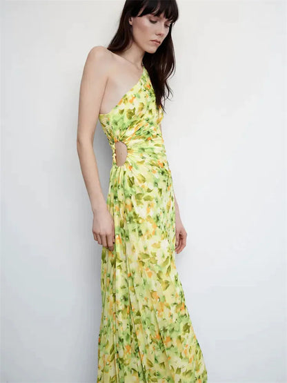 Female Dress Gown Pleated One-shoulder Sleeveless Summer Party Dress Slim for Maxi Dress