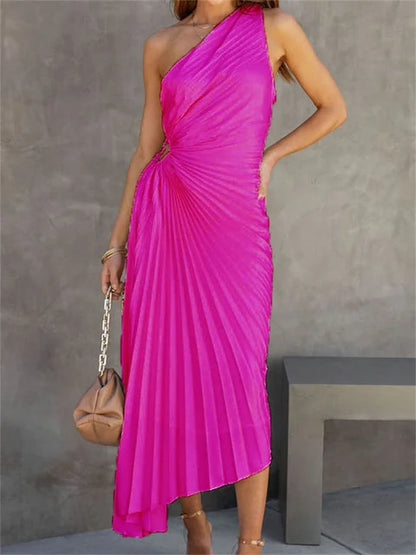 Female Dress Gown Pleated One-shoulder Sleeveless Summer Party Dress Slim for Maxi Dress