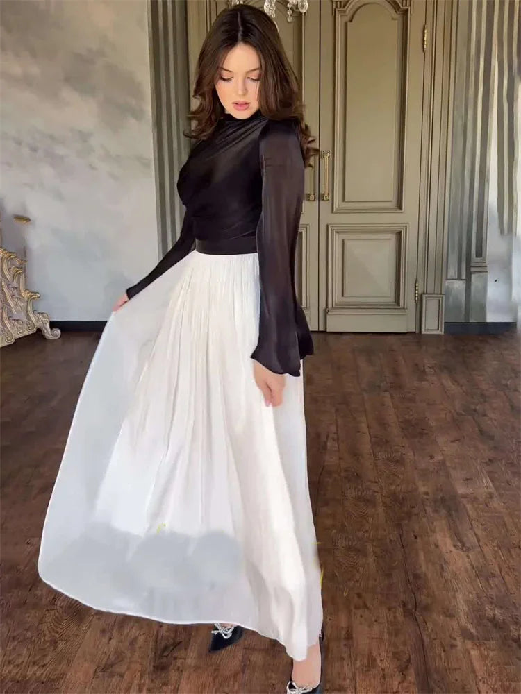 Pleated Dress Mesh Patchwork Bandage Tiered Slim High Street See-through Contrast Autumn New Maxi Dress