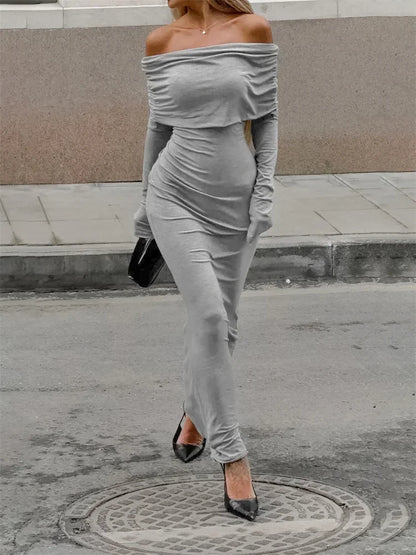 Autumn Knit Long Dress ’s Off-shoulder Patchwork Ribbed High Waist Slim Dress Knitwear Dress