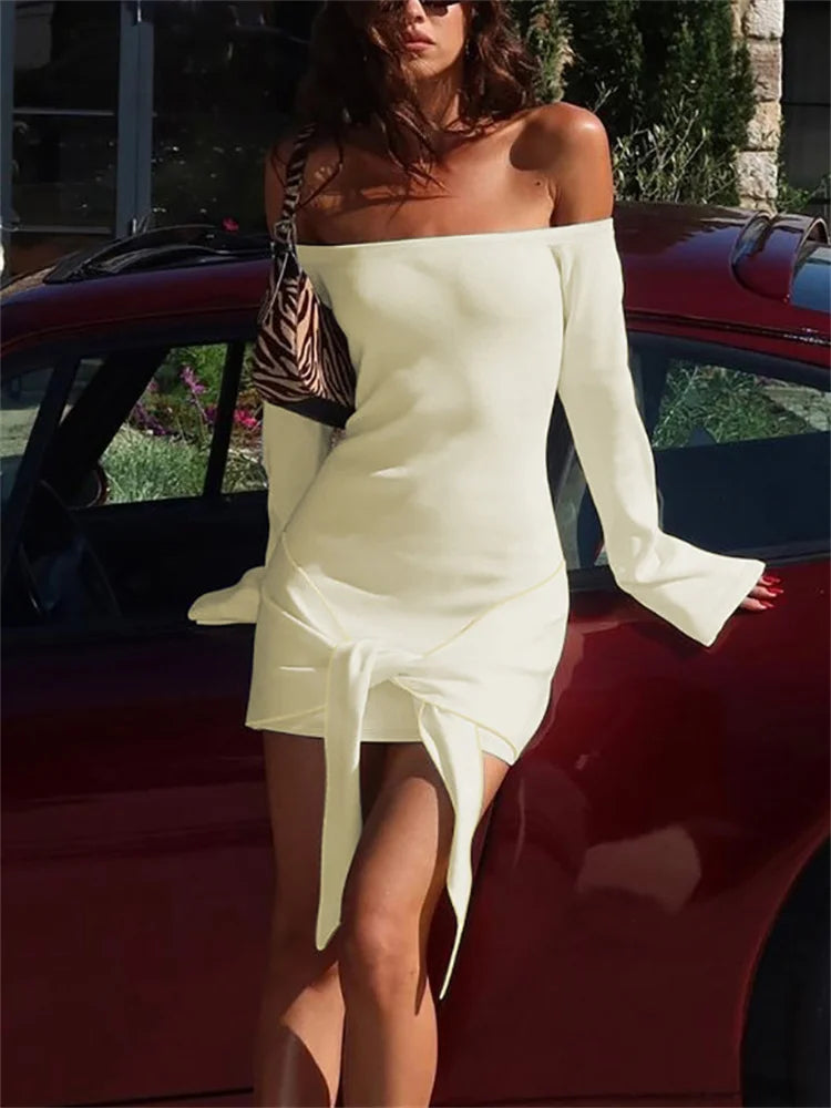 Bandage Off-shoulder Mini Dress for Patchwork Lace-up Backless Clothes Bodycon Dress