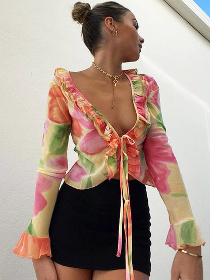 Ruffle Blouse See-through Lace V-neck Tops for Long Sleeve Summer Shirt Party Beach Cropped Top