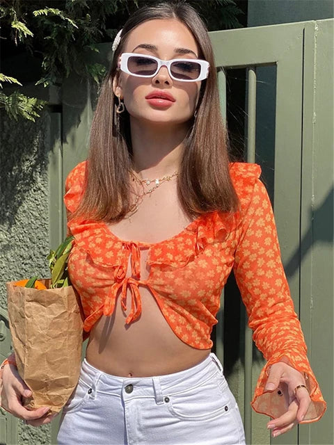 Ruffle Blouse See-through Lace V-neck Tops for Long Sleeve Summer Shirt Party Beach Cropped Top
