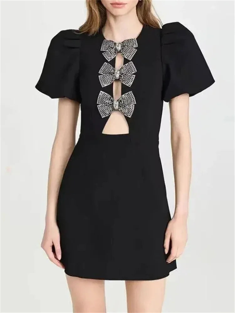 Bow Hollow-out Patchwork Mini Dress