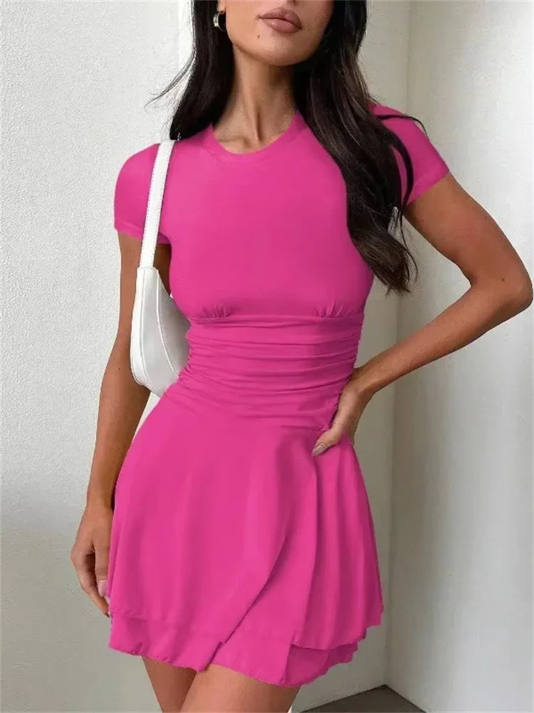 Folds Ruffled Mini Dress for Summer New Color Short Sleeves Female Clubs Party Slim Fit Dress