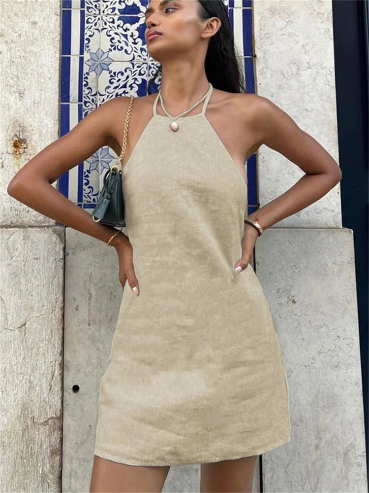 Female Backless Mini Dress Lace-up Basic Hanging Neck Patchwork Off-shoulder Dress Dress