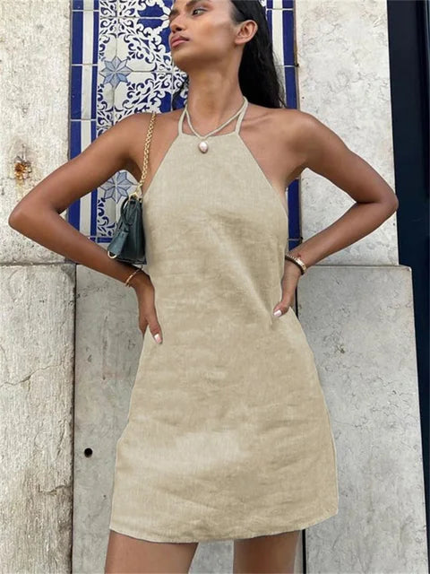 Female Backless Mini Dress Lace-up Basic Hanging Neck Patchwork Off-shoulder Dress Dress