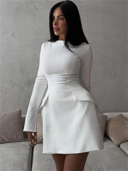 Female White Dress Patchwork Long Sleeve Commute Clothes Dress for Zipper Autumn Mini Dress New