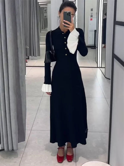 Female Ruffled Knitwear Long Dress Patchwork Slim Contrast Lapel Party Dress Gown ’s Knit Maxi Dress