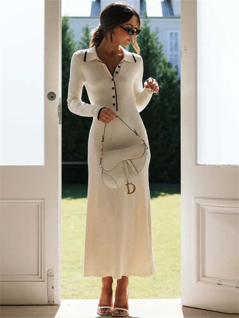 Female Slim Knit Maxi Dress Patchwork Lapel Contrast Dress High Waist Knitwear Party Dress Autumn Outfit