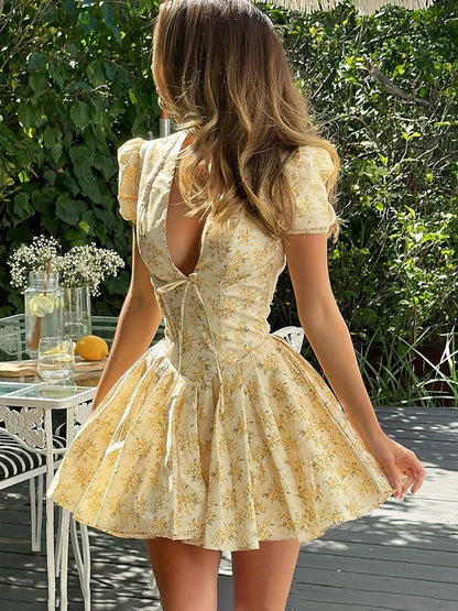 Flower Print Deep V Neck Folds Mini Dress for Patchwork French Sweet Short Sleeve Female Party Short Princess Dress