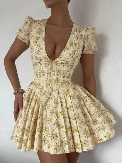 Flower Print Deep V-neck Mini Dress