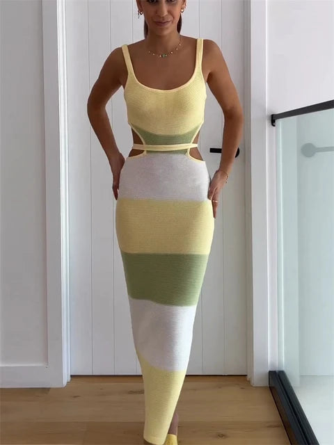 Holiday Crochet Summer Dress Backless Maxi Bodycon Dress for Beach Party Spaghetti Strap Contrast Color Long Dresses