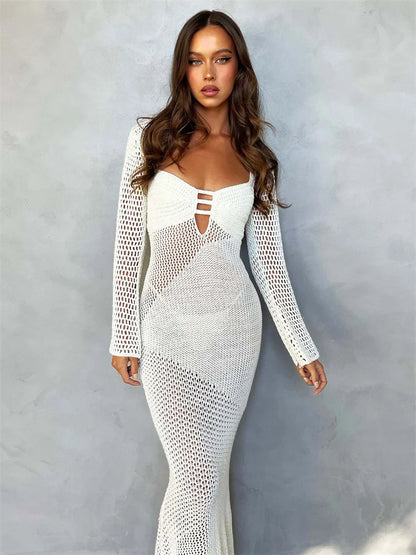 Hollow Out Knit See-through Maxi Dress Female Patchwork Backless Lace-up Slim Beach Holiday Knitwear Dress