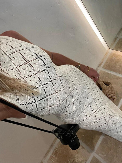 Hollow Out Sleeveless Maxi Dress High Split Beach Holiday Mesh Dress Patchwork Knitwear Autumn Dress