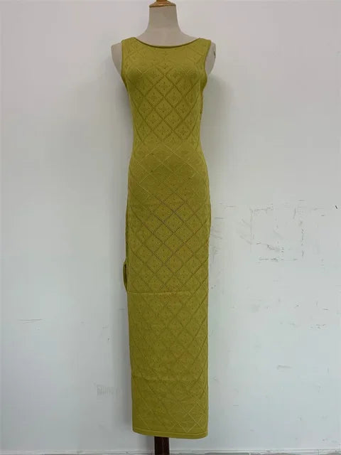 Hollow Out Sleeveless Maxi Dress High Split Beach Holiday Mesh Dress Patchwork Knitwear Autumn Dress