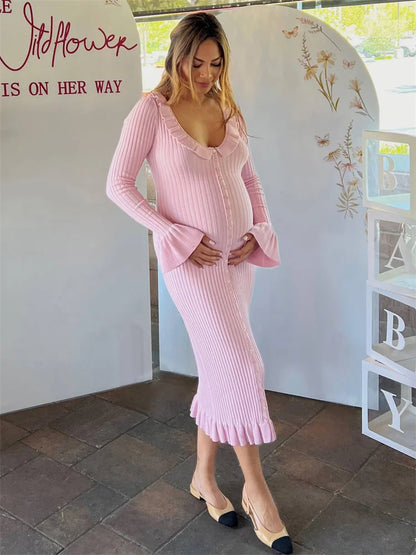 Knit Ruffled Maxi Dress Ribbed Slim Scoop Neck Knitwear Party Dress Gown Female Long Dress Autumn