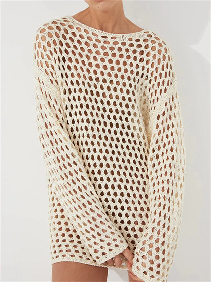 Knit Hollow Out Cover Up Mini Dress for See-through Loose Beach Holiday Clothes Summer Patchwork Knitwear Cover Up