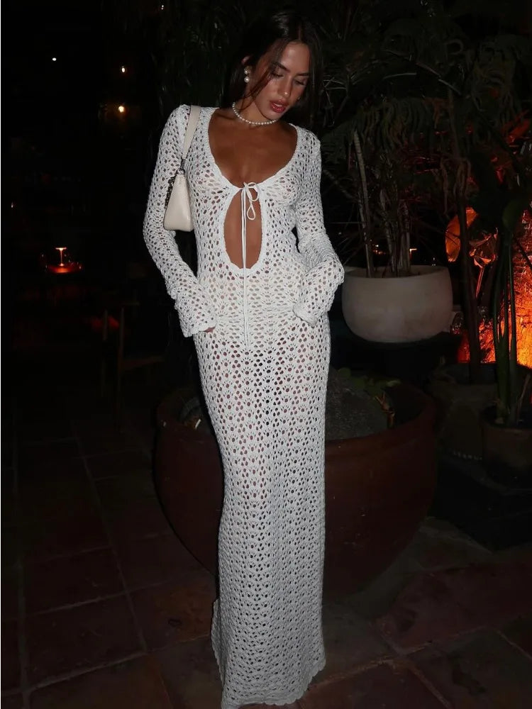 Knit Hollow Out Maxi Dress Female Summer Lace-up See-through Loose Holiday Beach Dress ’s Knitwear White Long Dress