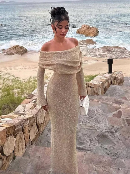 Knit Hollow Out Off-shoulder Maxi Dress Female Cover Up Loose Long Sleeve Holiday Beach Party Dress Knitwear Dress