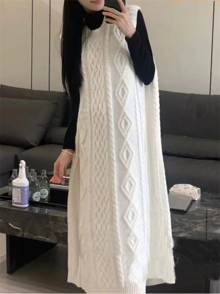 Knit Loose Patchwork Maxi Dress for Sleeveless High Waist Ribbed Dress Knitwear Dress