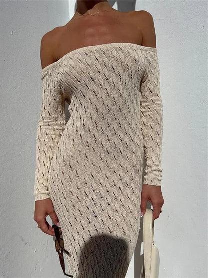 Knit Off-shoulder Maxi Dress – Patchwork Hollow Out Knitwear Dress