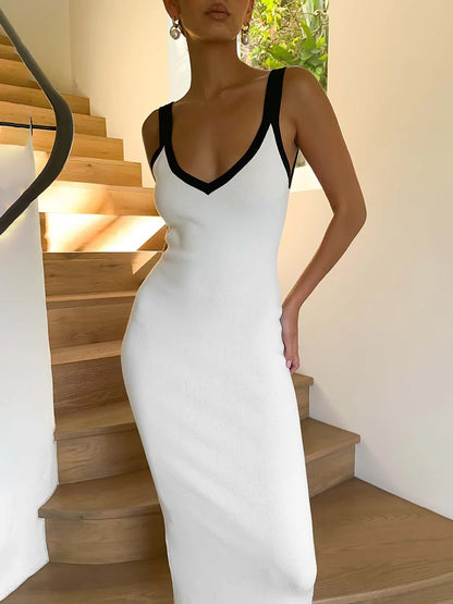Knit Suspender Split Long Dress Sleeveless Block Color Beach Vacation V-neck Knitwear Bodycon Dress