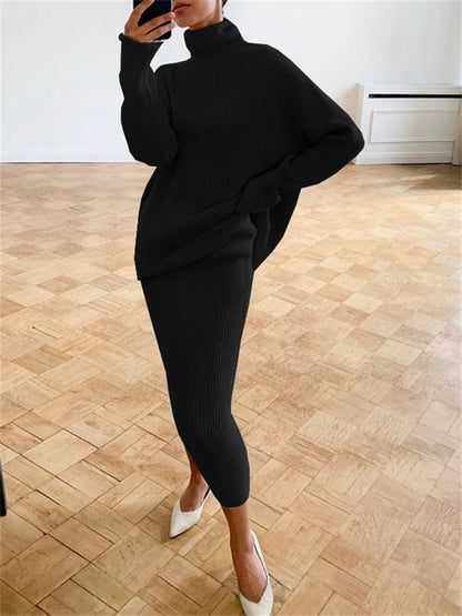 Ribbed Knit 2 Piece Dress Set Outfits Knitwear Top and Midi Skirt Sets for Winter Sweater Sets