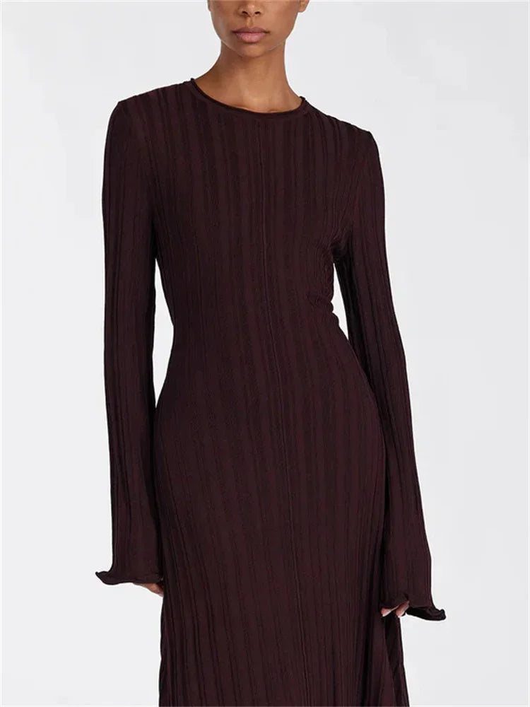 Knitwear Loose Maxi Dress Lace-up High Waist Ribbed Long Sleeve Party Dress Female Knit Bandage Long Dress
