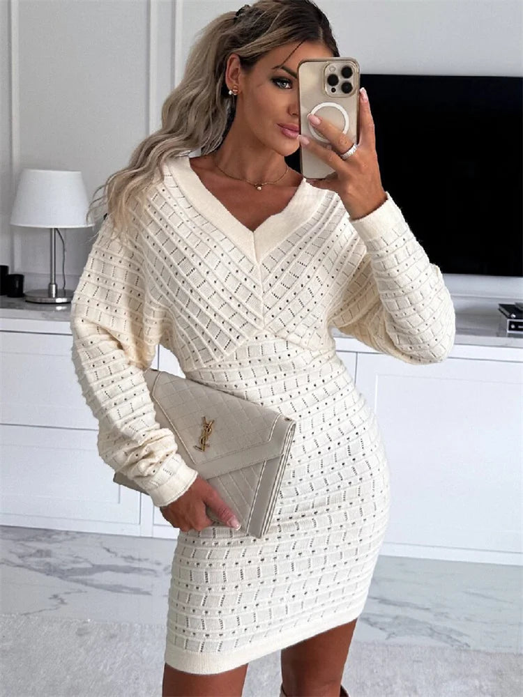 Knitwear V-neck Hollow Out Dress for See-through Loose Long Sleeve See-through Dress Female Mini Dress