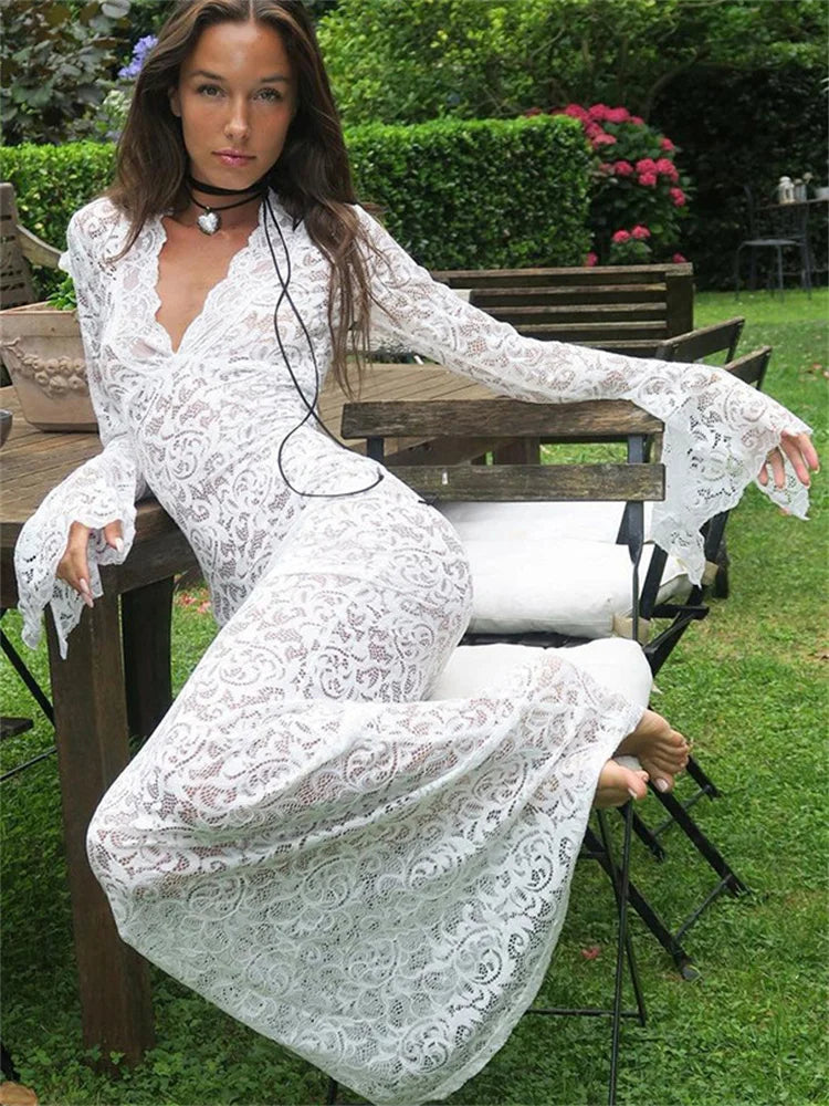 Lace Hollow Out Printed Long Dress Female Patchwork V-neck High Street Dress Party Looks Maxi Dress New
