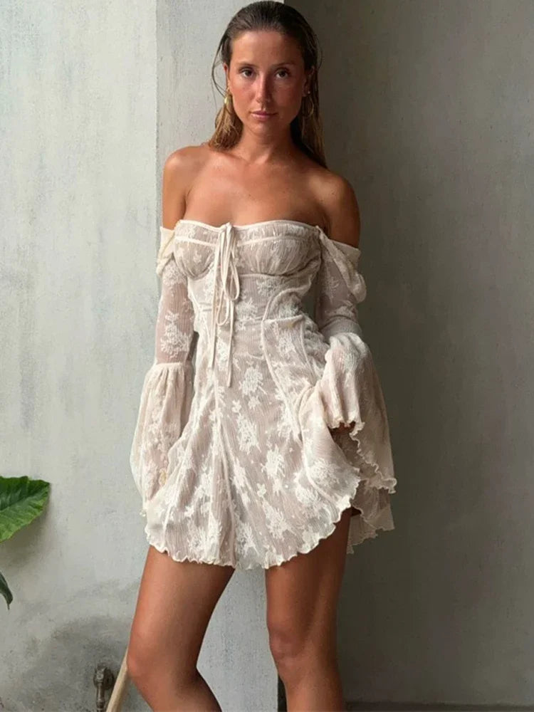 Lace Printed Lace-up Mini Dress Female Ruffled Square Collar Slim See-through Dress for Bandage Dress