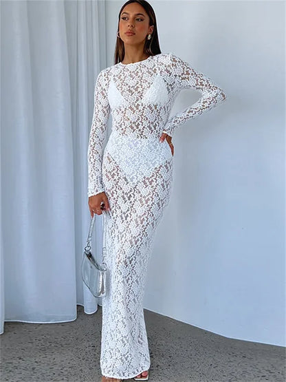 Lace See-through Printed Long Dress Female Hollow Out Slim High Waist Dress Club Clothes Maxi Dress