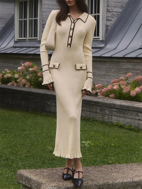 Lapel Contrast Mini Dress High Waist Autumn Ribbed Patchwork Long Sleeve Dress Ruffled Knit Dress