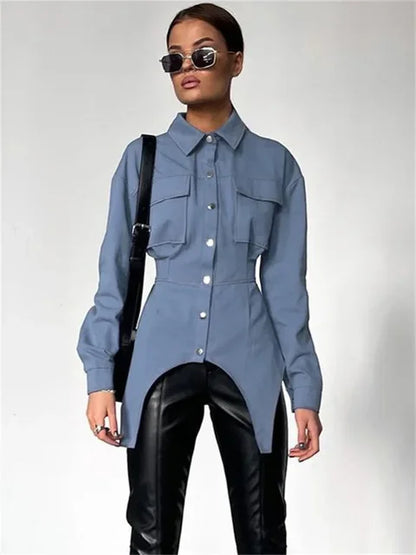 Lapel Patchwork Shirts for Slim Long Sleeve Pocket High Waist Autumn Cardigan Shirts