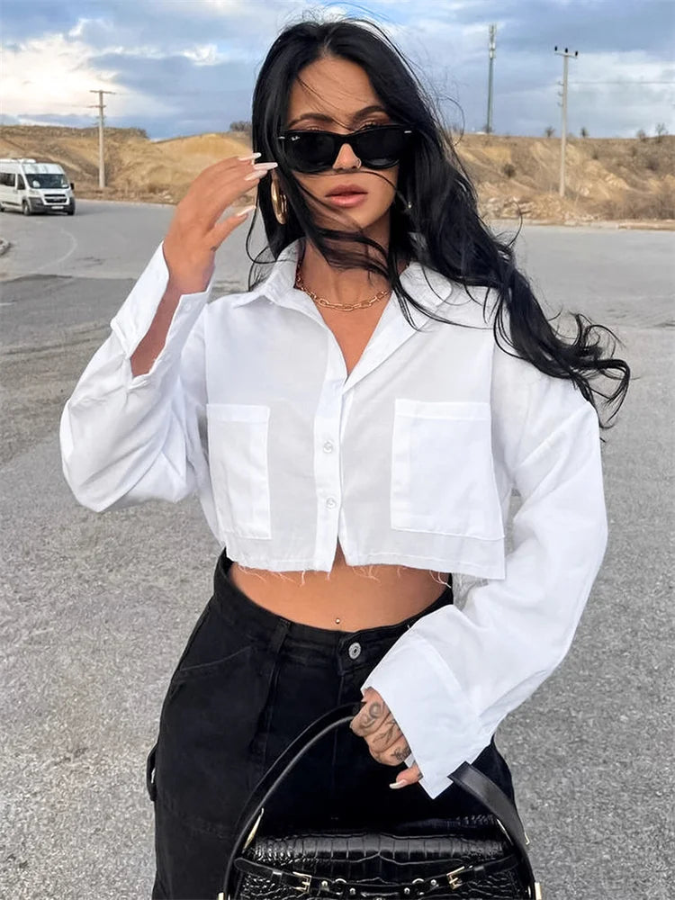 Lapel Pocket Shirts for Long Sleeve Loose Patchwork Crop Top Y2k Outfit High Street Cardigan Blouse