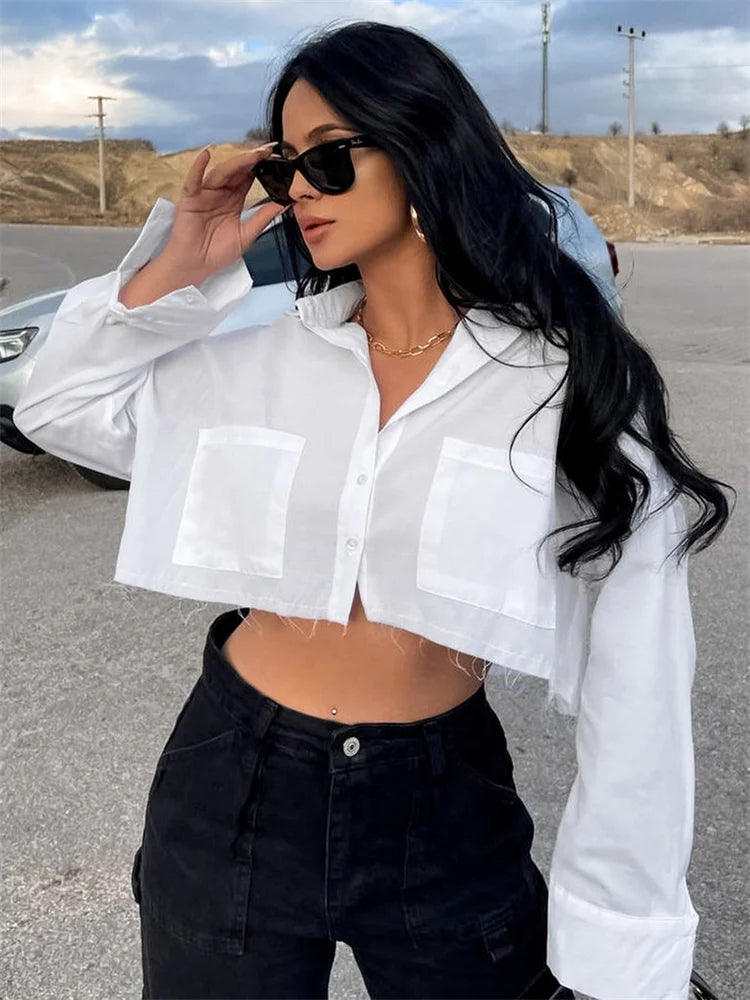 Lapel Pocket Shirts for Long Sleeve Loose Patchwork Crop Top Y2k Outfit High Street Cardigan Blouse