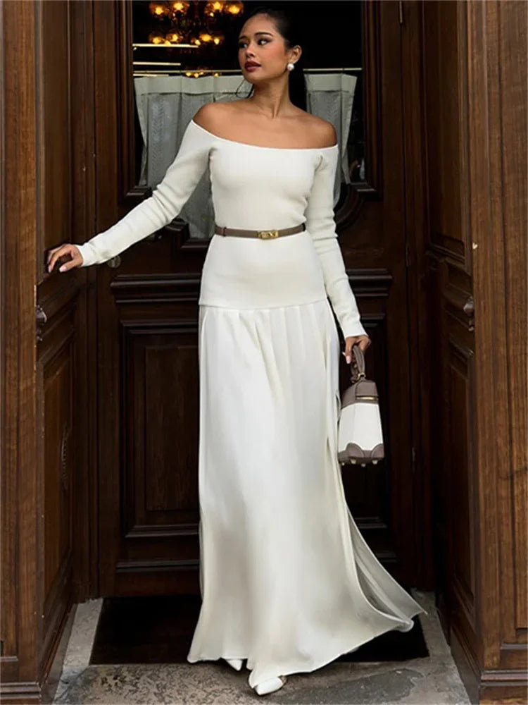 Off-shoulder Patchwork Maxi Dress ’s Commute Autumn Dress Female Backless Long Dress New