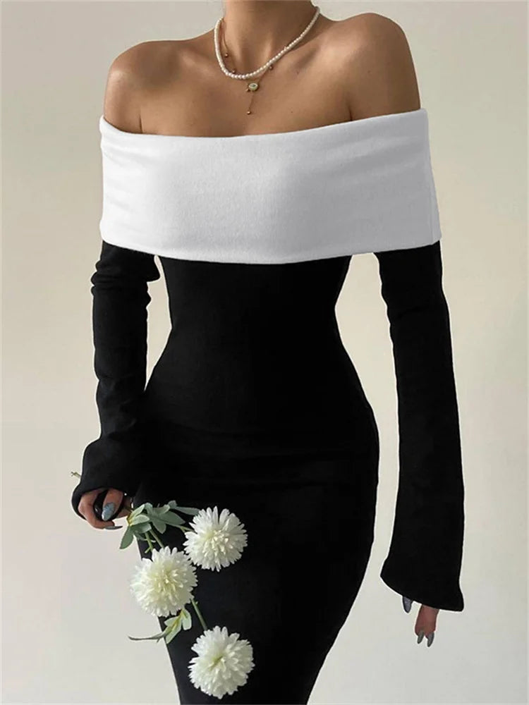 Off-shoulder Patchwork Slim Maxi Dress for Long Sleeve High Waist Backless Party Dress Female Autumn Outfit