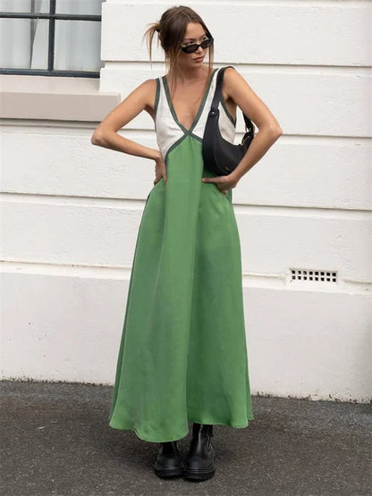 Patchwork V-neck Strapless Maxi Dress – Sleeveless Spring Party Dress