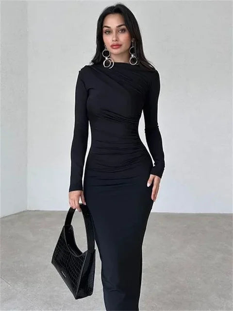 Pleated Long Sleeved Slim Maxi Dress – Off-shoulder Bodycon Gown