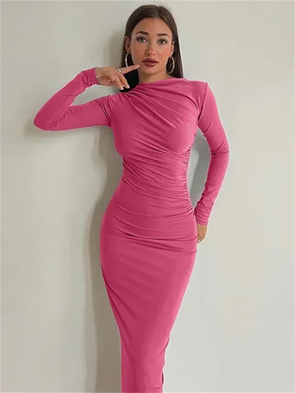 Pleated Long Sleeved Slim Maxi Dress – Off-shoulder Bodycon Gown