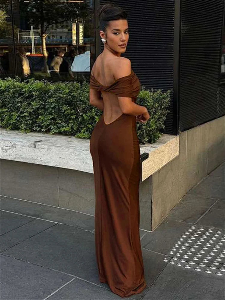 Pleated Off-shoulder Long Dress for Twist Backless Patchwork Party Dress Summer Maxi Dress New