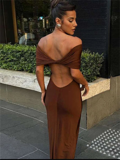 Pleated Off-shoulder Long Dress for Twist Backless Patchwork Party Dress Summer Maxi Dress New