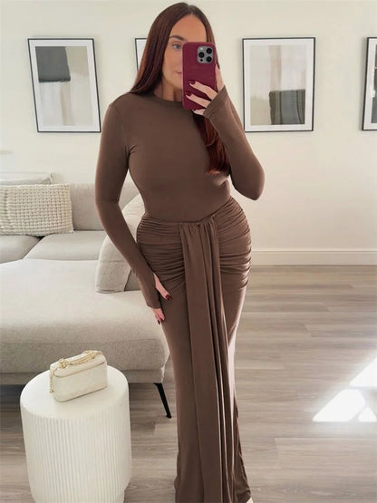 Pleated Tassel Slim Maxi Dress for Patchwork Lace-up Bandage Autumn Dress Female Party Dress