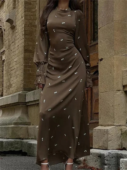 Printed Bandage Long Dress Satin High Street Party Dress Long Sleeve Patchwork Maxi Dress